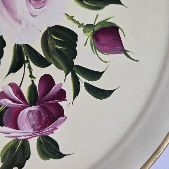 Tole by Pilgrim Art Large Round Metal Tray Roses and Daisy Pattern Gold Rim - Picture 5 of 15
